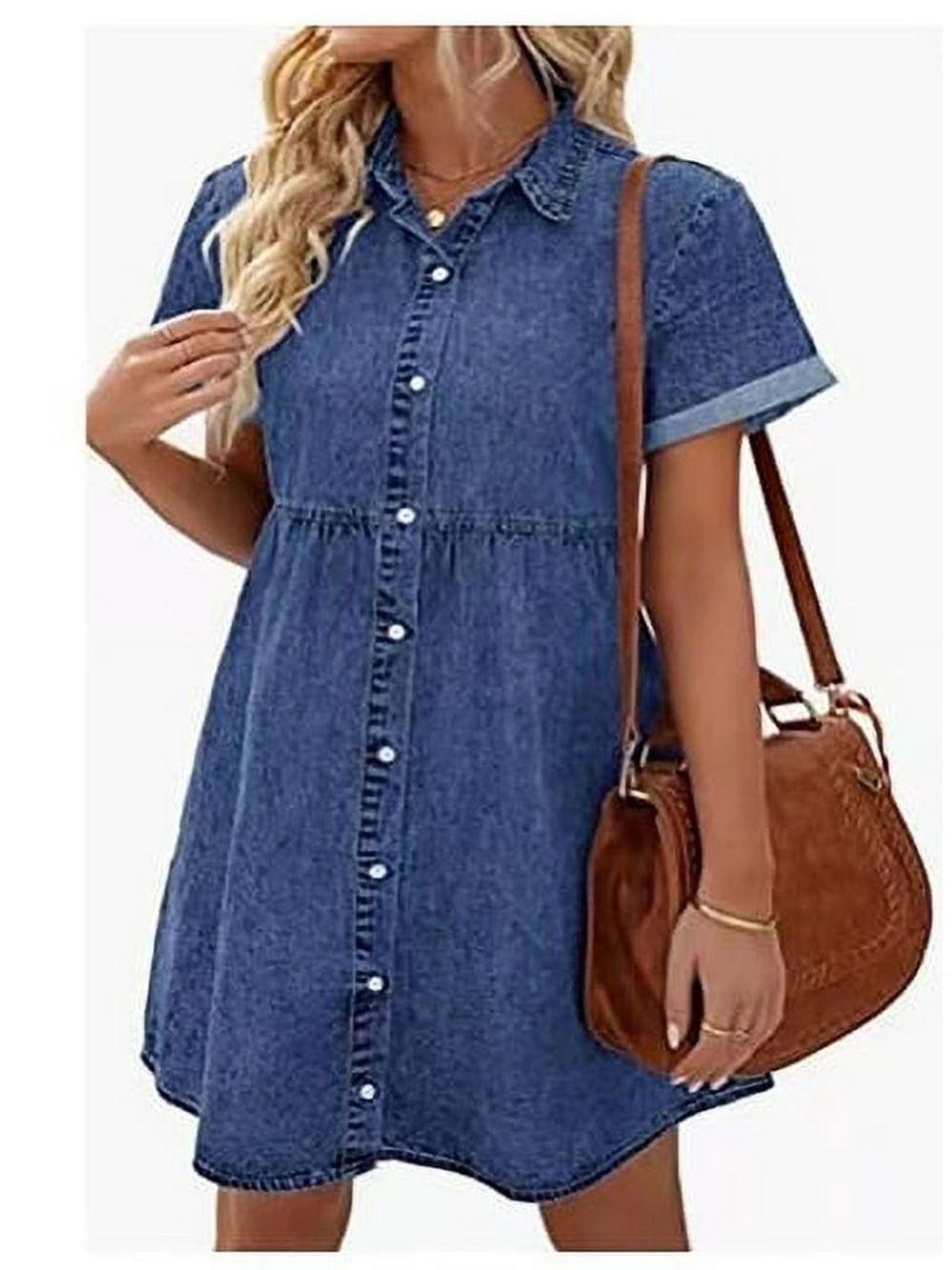 Casual Short-Sleeve Denim Shirt Dress in Blue